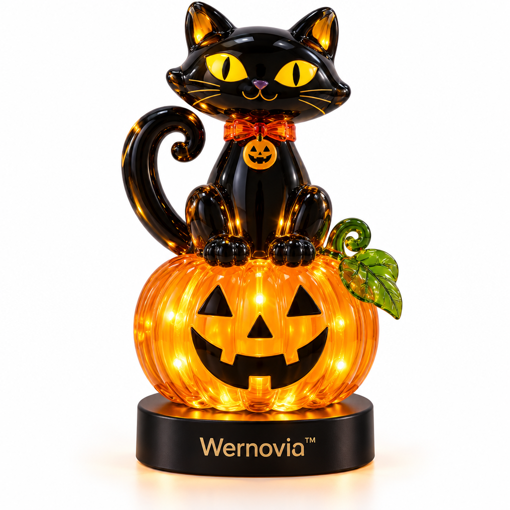 Wernovia™ Illuminated Glass Black Cat Pumpkin LED Night Light
