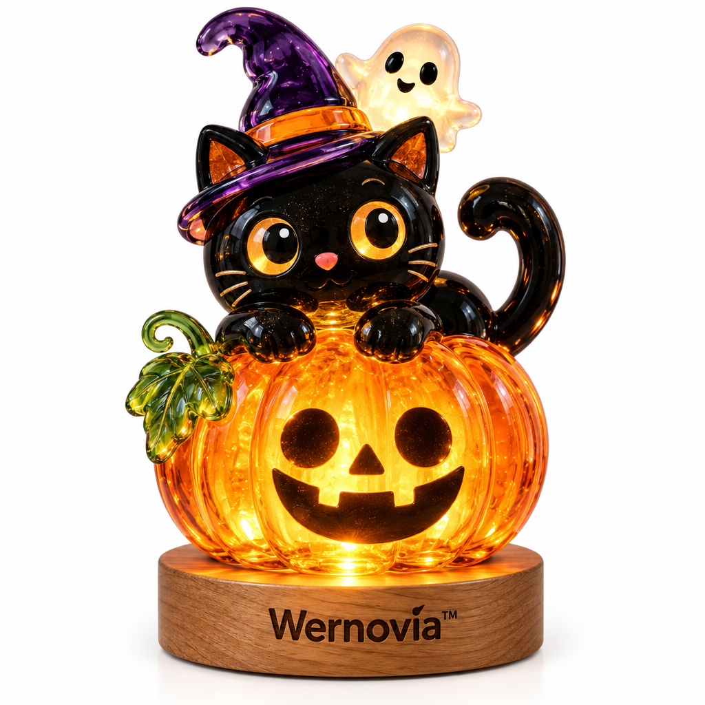Wernovia™ Illuminated Glass Black Cat Pumpkin Witch Hat LED Night Light