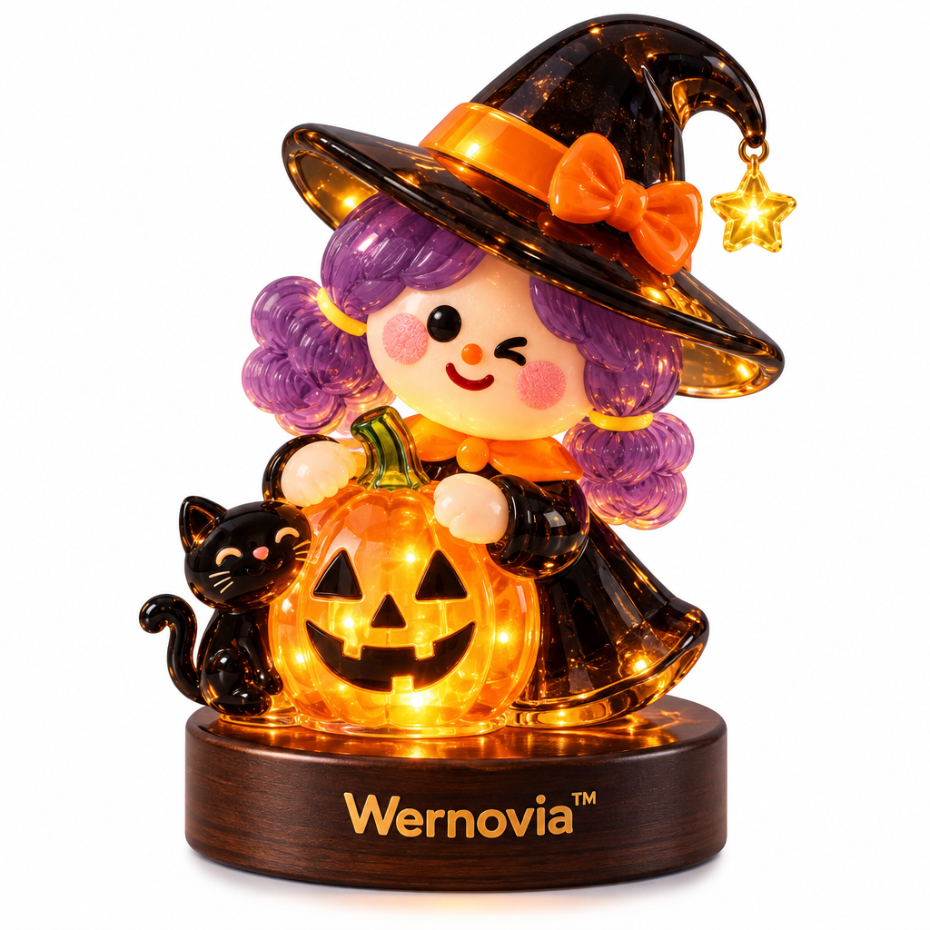 Wernovia™ Illuminated Glass Witch Girl Pumpkin Black Cat LED Night Light