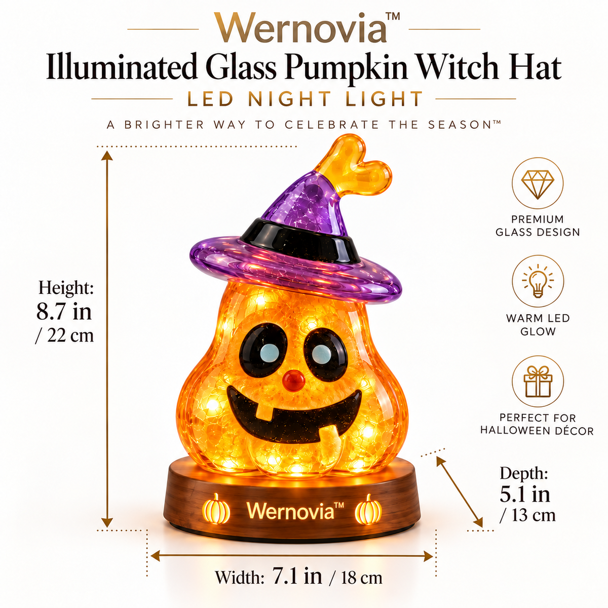 Wernovia™ Illuminated Glass Pumpkin Witch Hat LED Night Light
