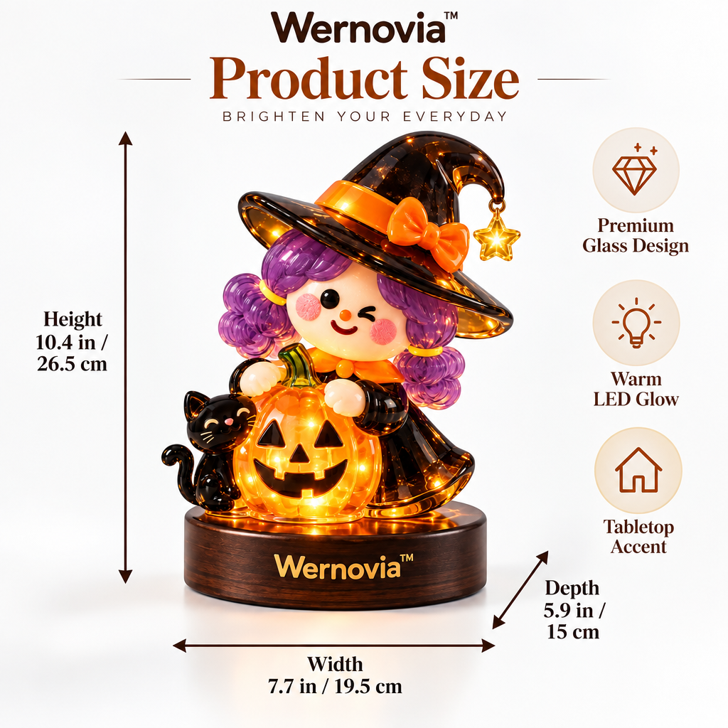 Wernovia™ Illuminated Glass Witch Girl Pumpkin Black Cat LED Night Light