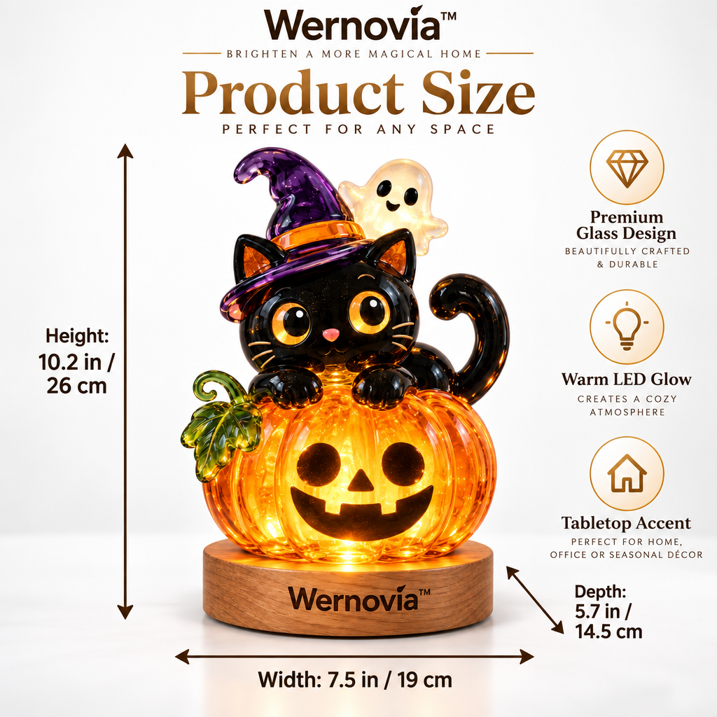 Wernovia™ Illuminated Glass Black Cat Pumpkin Witch Hat LED Night Light
