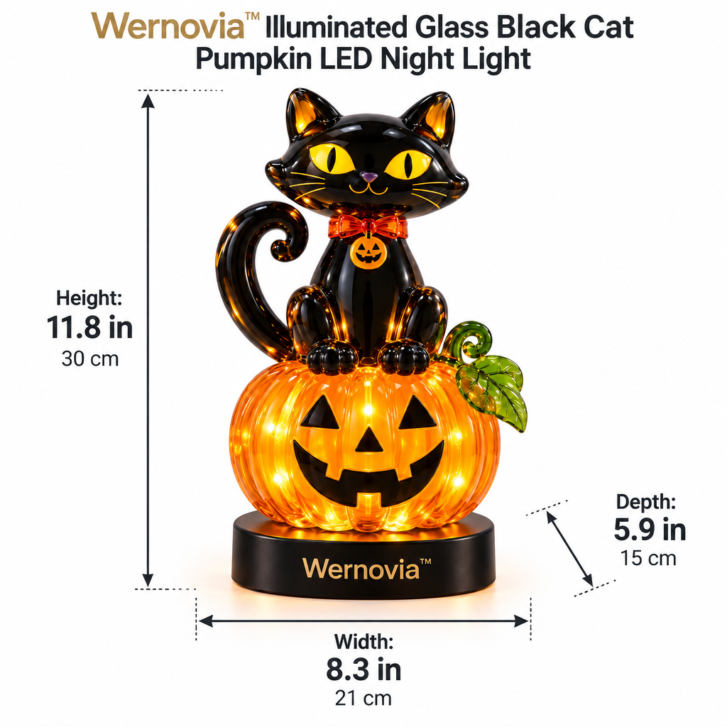 Wernovia™ Illuminated Glass Black Cat Pumpkin LED Night Light