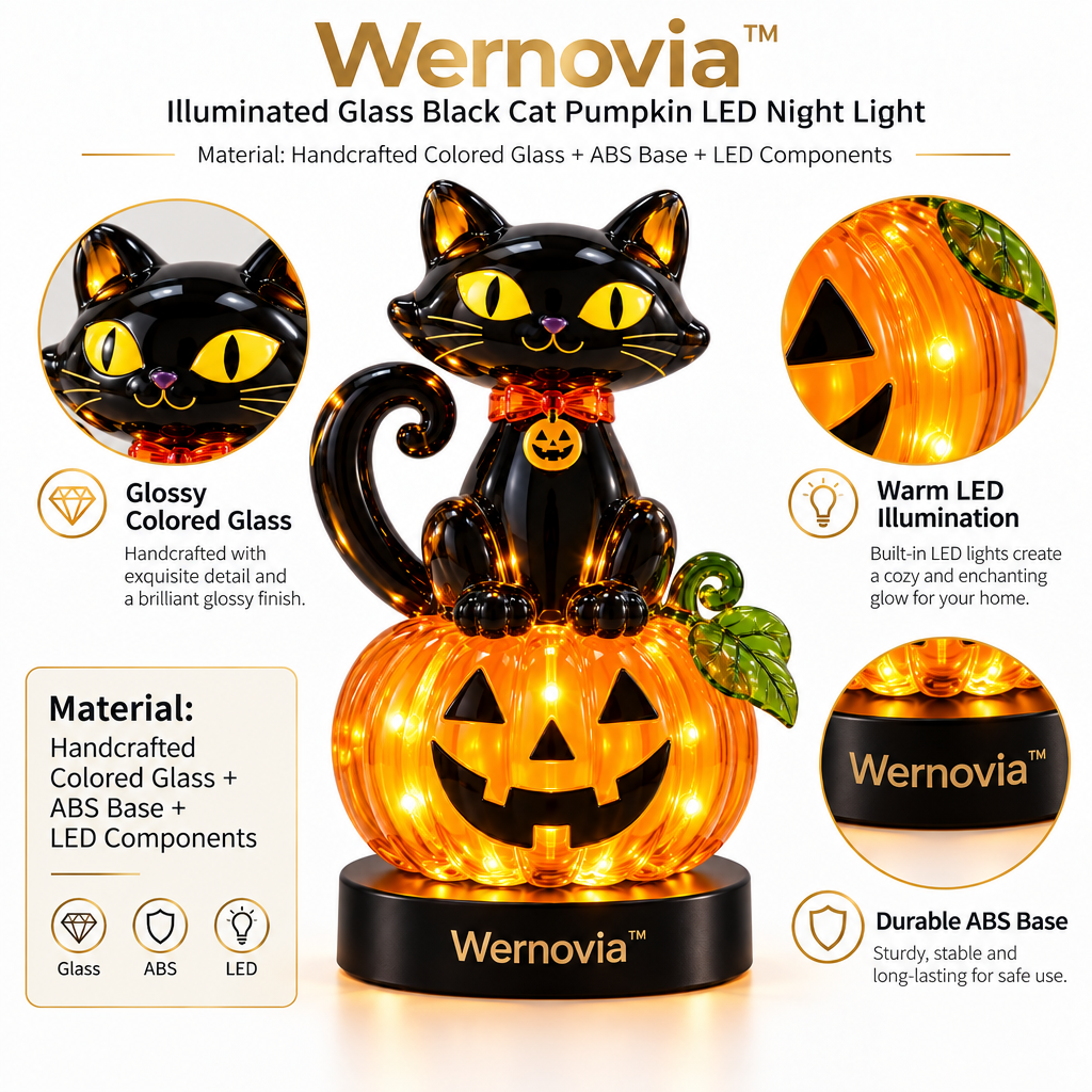 Wernovia™ Illuminated Glass Black Cat Pumpkin LED Night Light