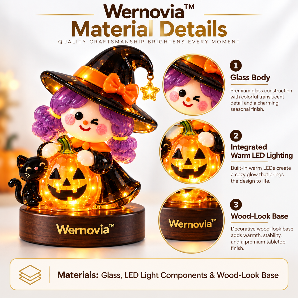 Wernovia™ Illuminated Glass Witch Girl Pumpkin Black Cat LED Night Light