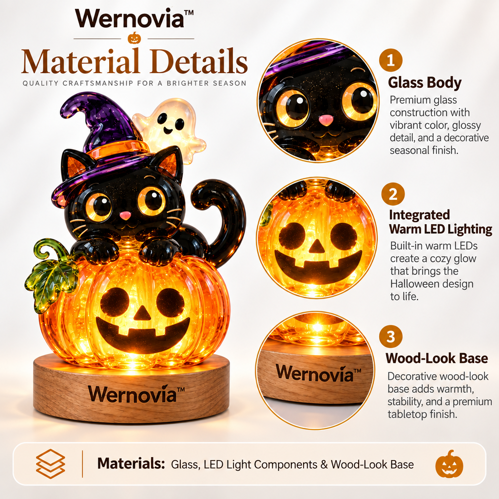 Wernovia™ Illuminated Glass Black Cat Pumpkin Witch Hat LED Night Light