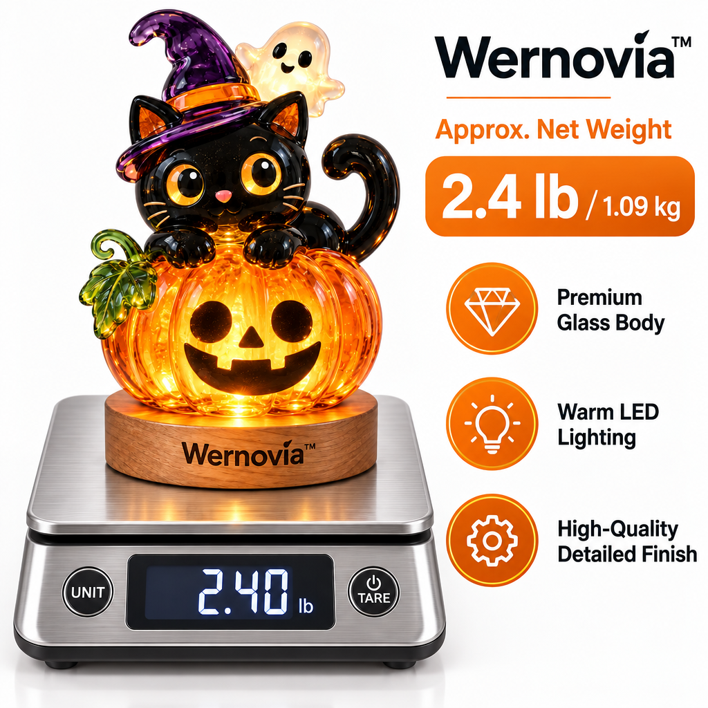Wernovia™ Illuminated Glass Black Cat Pumpkin Witch Hat LED Night Light