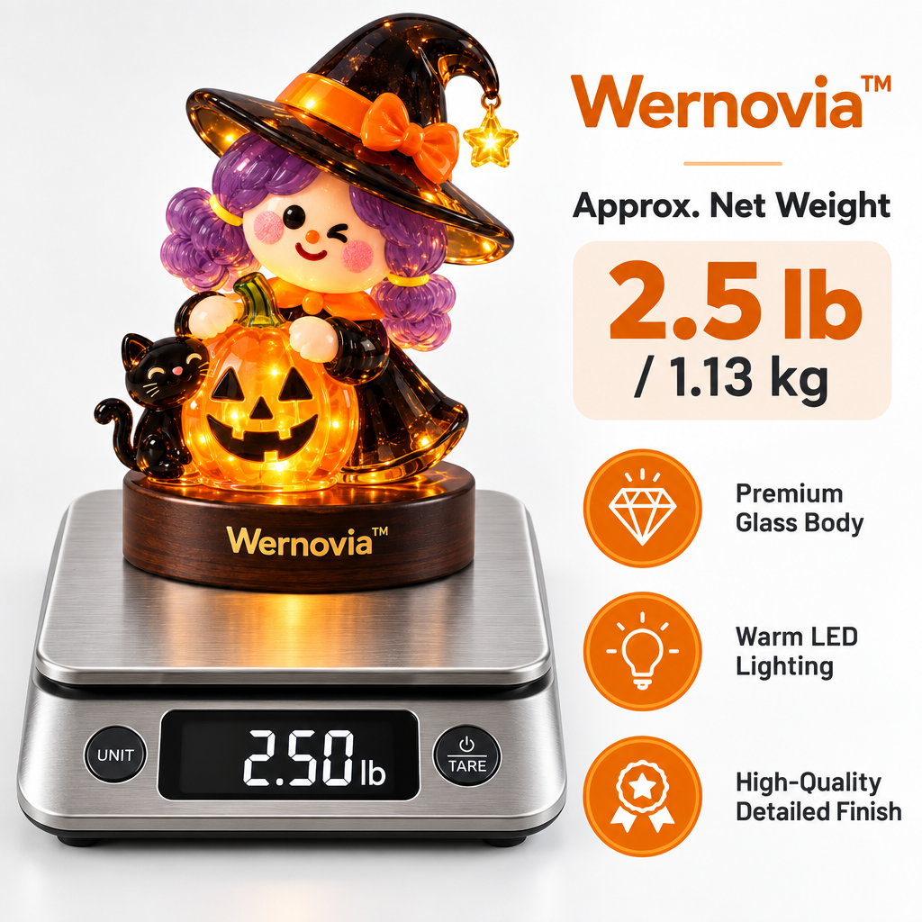 Wernovia™ Illuminated Glass Witch Girl Pumpkin Black Cat LED Night Light