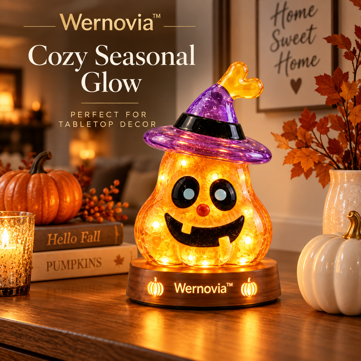 Wernovia™ Illuminated Glass Pumpkin Witch Hat LED Night Light