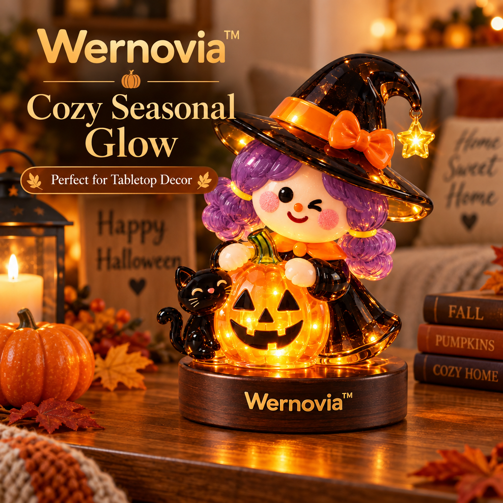Wernovia™ Illuminated Glass Witch Girl Pumpkin Black Cat LED Night Light