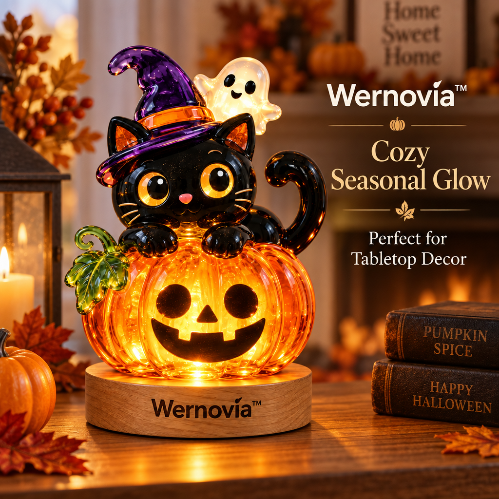 Wernovia™ Illuminated Glass Black Cat Pumpkin Witch Hat LED Night Light